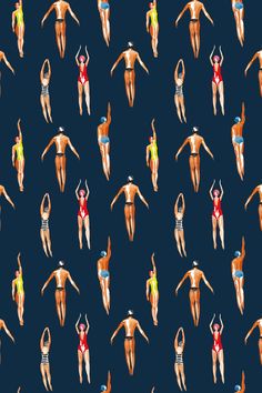 a group of people in swimsuits are doing different things on a blue background