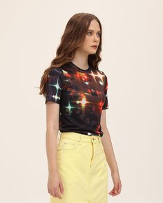 Model (WearingXS):•Â?/span>Height: 174cm | Bust: 80cm | Waist: 60cm | Hips: 89cm | Shoes: 38cmDetails: Black T-shirt with glimmering star graphical printTop Length: NormalSleeve Length: Short SleevesMaterials:95% Polyester + 5% Spandex Stretch T-shirt With Sublimation Print For Spring, Y2k Crew Neck T-shirt For Night Out, Fitted Crew Neck Printed T-shirt, Spring T-shirt With Sublimation Print, Stretch T-shirt With All Over Print For Summer, Black T-shirt With All Over Print For Summer, Fitted T-shirt With Sublimation Print For Summer, Fitted Graphic Print Spring T-shirt, Printed Stretch Short Sleeve T-shirt