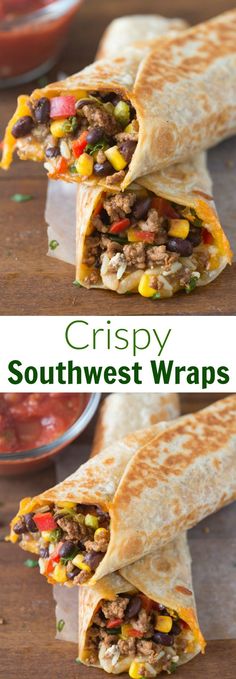 two wraps filled with meat, beans and veggies on top of each other