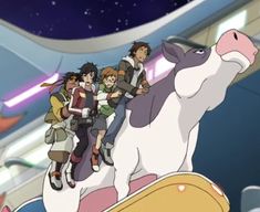 people riding on the back of a cow in front of a sky filled with stars