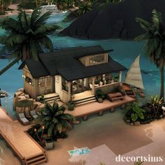 a house on the beach with palm trees around it and a boat in the water