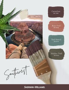 a paintbrush with some brown and green colors on it next to the same color swatches