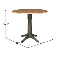 the height of a round table with four legs and a wooden top, on a white background