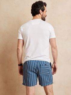 Comfortable, casual and perfectly-cut, these tailored shorts are crafted from a blend of soft cotton and lightweight linen so they're ideal in warm weather.  EASY FIT: A relaxed fit with pull-on design.  Elastic waistband with internal drawstring.  F Tailored Shorts, Right Side, Blue Stripes, Warm Weather, Banana Republic, Relaxed Fit, Elastic, Blue, Design