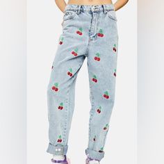 Never Worn Minga London Jeans With Cherry Embroidery. Originally $100, I’m Selling For $60 Obo. Size: 34” Uk 14 Eu 42 Us 10 Trendy Embroidered Relaxed Fit Jeans, Casual Red Bottoms With Floral Embroidery, Casual Cotton Bottoms With Strawberry Print, Casual Strawberry Print Bottoms, Spring Cotton Bottoms With Strawberry Print, Cute Embroidered Spring Jeans, Casual Summer Jeans With Multicolor Embroidery, Casual Jeans With Multicolor Embroidery For Summer, Casual Multicolor Embroidered Jeans For Summer