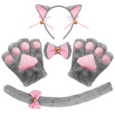 a set of cat paws and ears with pink bows