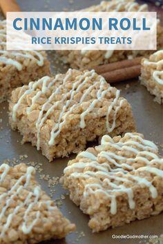 homemade cinnamon roll rice krispies with white icing on top and cinnamon sticks in the background