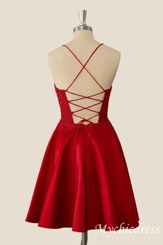 Red Short A-Line 2024 Homecoming Dress Lace Satin Appliques – MyChicDress Red Party Dress With Lace-up Back, Red A-line Satin Dress For Prom, Formal Satin Dress With Lace Back, Satin Bridesmaid Dress With Lace Back, Elegant Red Dress With Lace-up Back, Red Lace-up Back Prom Dress, Red Lace-up Back Dress, Homecoming A-line Dress With Lace Bodice, Red Corset Back Dress For Prom