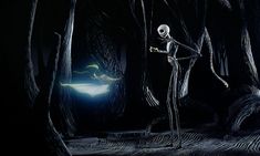 a creepy skeleton standing in the middle of a forest with his arm outstretched and glowing from behind