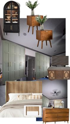 a collage of photos with different furniture and decor items in the same room, including a bed