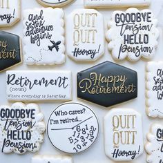 decorated cookies are arranged in the shape of letters and phrases for retirement, but without writing on them