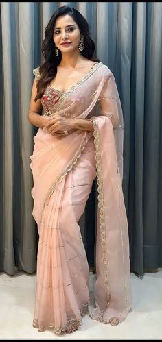 Peach Color Saree, Zareen Khan, Saree With Belt, Sequence Saree, Peach Saree, Saree Floral, Silk Saree Kanchipuram