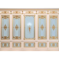 an ornately decorated room with blue walls and gold trimmings on the doors