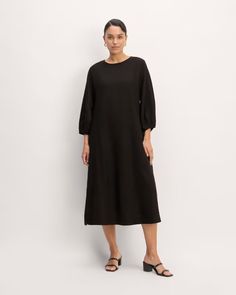 The Linen A-Line Midi Dress Black / Bone Floral – Everlane Long Sleeve Dresses With French Seams For Work, Casual Midi Dress With 3/4 Sleeves For Work, Relaxed Fit Midi Dress For Workwear, Casual Workwear Midi Dress With 3/4 Sleeves, Solid Color Linen Midi Dress For Daywear, Relaxed Fit Viscose Midi Dress, Relaxed Fit A-line Midi Dress For Work, Relaxed Fit Linen Midi Dress For Work, Solid Color Relaxed Fit Linen Midi Dress