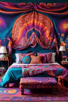 a bed with colorful bedspread and pillows on it