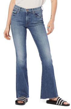 Free shipping and returns on Frayed Flare Jeans at Nordstrom.com. You're ready for the weekend with these figure-elongating flared jeans crafted from soft Italian stretch denim in a laid-back light wash. Flare Jean Outfit, Frayed Flare Jeans, Denim Flare Jeans, Jean Crafts, Crop Blazer, Denim Trends, Cocktail Dress Lace, New Mothers, Flared Jeans