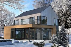 a modern house in the snow surrounded by trees