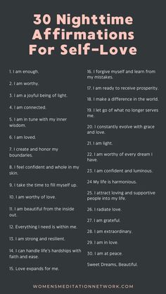 a poster with the words 30 night time affirmations for self - love