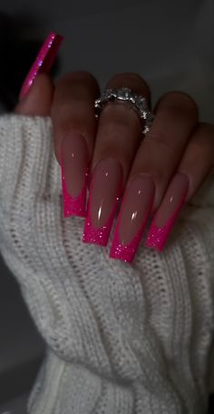 Pink Tip Nails, Pink French Tip, Valentines Nail, Valentine Nails, Colored Acrylic Nails, French Tip Acrylic Nails, Pink French, Acrylic Nails Coffin Pink