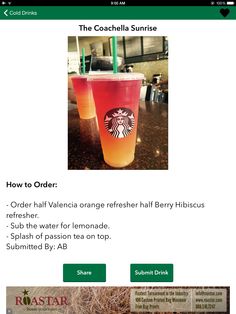 the starbucks app is open and shows an image of two cups with drinks in them