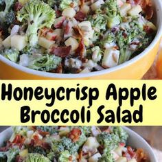 two pictures of broccoli salad with bacon and apples in the background text reads, honeycris apple broccoli salad