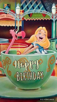 a happy birthday card with a cartoon character in a teacup