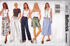 three women's pants and one woman's top are shown in this sewing pattern