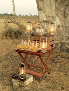 a wooden table topped with lots of lemons next to a tree and lantern lights