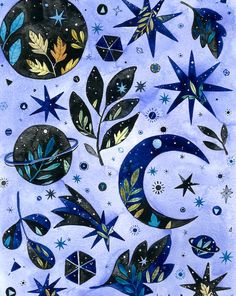 an artistic painting with stars, moon and leaves on blue watercolor paper by hand