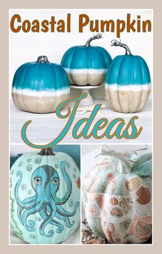 several different pumpkins painted with blue and white paint, one has an octopus on it