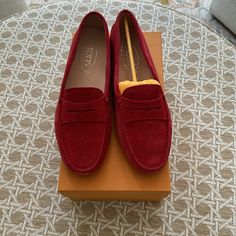 Gommino Driving Shoes In Suede. Brand New. Size 9.5 Red Closed Toe Loafers With Red Sole, Red Loafers With Removable Insole And Round Toe, Luxury Red Almond Toe Loafers, Red Calf Leather Loafers With Round Toe, Red Loafers With Flat Heel And Red Sole, Designer Red Loafers With Round Toe, Tods Shoes, Driving Shoes, Loafer Flats