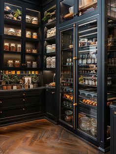 a kitchen filled with lots of glass doors and shelves full of food inside of it