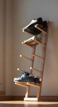 there is a shoe rack with shoes on it