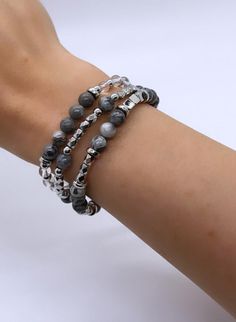 NEW! Part of the Wool + Pepper Co. Fall 2021 Collection! (3) Elegantly Crafted Clear/Silver/Gray Marble Beaded Bracelets.  One size fits all - stretch material used.  Designed by Wool + Pepper Co.  Comes packaged with tags.  Follow us on Instagram: @woolandpepperco Silver Stretch Bracelet With Spacer Beads, Adjustable Silver Beaded Bracelet With Gemstone Beads, Silver Beaded Bracelets With Gemstone Beads, Adjustable Gray Beaded Bracelets With Silver Beads, Silver Beaded Bracelet With Gemstone Beads, Silver Gemstone Beaded Bracelets, Adjustable Silver Crystal Bracelet With Beaded Chain, Bohemian Silver Beaded Bracelets With Beaded Chain, Silver Stretch Bracelet With Gemstone Beads