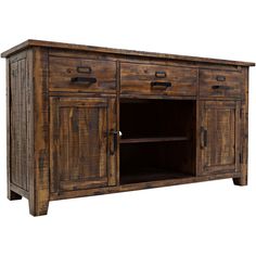 the sideboard is made from wood and has two drawers, one with an open door