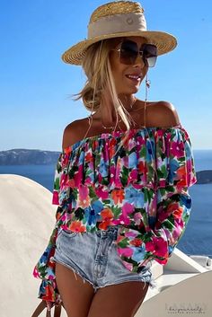 Lasaky - Off-the-shoulder blouse with ruffles in a floral print Summer Long Sleeve Off-shoulder Top With Ruffles, Summer Off-shoulder Top With Long Sleeves And Ruffles, Trendy Spring Off-shoulder Top With Ruffles, Spring Off-shoulder Ruffle Top, Off-shoulder Ruffle Blouse For Beach, Off-shoulder Ruffled Blouse For The Beach, Casual Off-shoulder Top With Ruffles, Summer Off-shoulder Ruffled Tops, Off-shoulder Ruffled Tops For Summer