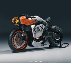 an orange and white motorcycle parked on top of a gray floor