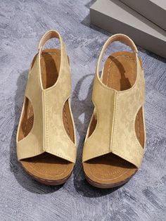 These white hollow-out wedges are the perfect addition to your summer wardrobe. Made with a fashionable design and comfortable fit, they are the ideal choice for casual outings. The hollow-out feature adds a touch of style while the wedge heel provides support and stability. Say hello to your new go-to sandals for the summer season. Color : Gold Style : Fashionable Toe : Open Toe Pattern Type : Plain Details : Cut Out Strap Type : Slingbacks Heels : Wedges Heel Height : Low Heel Upper Material : Spring Beach Wedge Sandals With Arch Support, Spring Vacation Wedge Sandals With Arch Support, Comfortable Wedge Sandals With Arch Support For Summer, Trendy Summer Wedge Sandals With Arch Support, Beige Sandals With Arch Support For Summer, Summer Closed Toe Slingback Sandals With Arch Support, Closed Toe Slingback Sandals With Arch Support For Summer, Summer Wedge Sandals With Arch Support For Spring, White Slingback Sandals With Arch Support For Summer