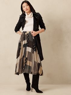 Pleated Midi Skirt | Banana Republic Midi Skirt With Boots, Midi Pleated Skirt, Khaki Pencil Skirt, Wardrobe Planner, Green Pleated Skirt, Plaid Wool Skirt, Floral Pleated Skirt, Skirts With Boots, Bubble Skirt