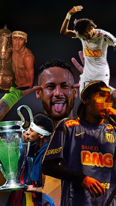 a collage of soccer players with trophies and other sports related items in the background