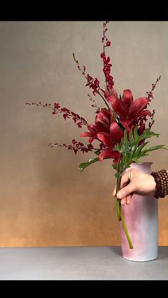 a person holding a vase with red flowers in it on a white countertop next to a wall