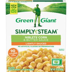 a box of green giant simply steam corn and buttery sauce with no artificial flavors or preservaties