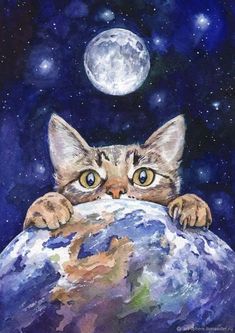 a painting of a cat sitting on top of the earth looking up at the moon