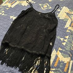 Very Cute Black Top Top With Fringe, Never Worn Casual Black Fringe Tops, Sleeveless Party Tank Top With Fringe, Trendy Black Fringe Top, Sleeveless Black Top With Fringe, Sheer Tank Top, Cute Black, Womens Tops, Tank Tops, Women Shopping