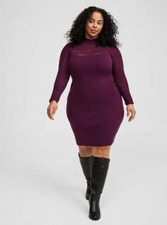 FIT Model is 5'10” wearing size 2. Measures 41” from shoulder (size 2). Mini silhouette. MATERIALS + CARE Pointelle knit fabric. . 50% rayon, 30% polyester, 20% nylon. . Machine wash cold. Dry low. Imported. DETAILS Mock neckline. Long pointelle sleeves. The best plus size women's mini long sleeve rib pointelle mock neck sweater dress dresses in winter bloom made of pointelle. Rock your look from Torrid to Festivals like Coachella and Lollapalooza, a concert, a show, or just for fun! Torrid is your destination for cozy fall and winter clothes to keep you warm and comfortable. Dresses In Winter, Boss Fashion, Mock Neck Sweater Dress, Mock Neck Mini Dress, Plus Size Fall, Pointelle Knit, Fall Winter Wardrobe, Fashion Aesthetics, Mini Dresses For Women