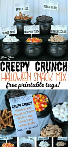 halloween snack bar with free printable tags on it and the recipe for creepy crunch