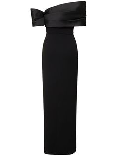 Asymmetric, off-the-shoulder neckline. Concealed zip closure. Model is wearing a size6 Crepe Maxi Dress, Solace London, Maxi Dress Evening, Ladies Of London, Shearling Jacket, Crepe Fabric, White Maxi Dresses, Black Maxi Dress, Purple Black