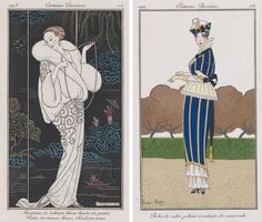 two pictures of women in fancy clothing, one is wearing a hat and the other has a coat