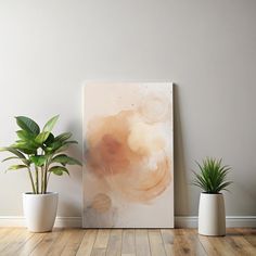 three potted plants sit in front of a painting on the wall next to two white vases