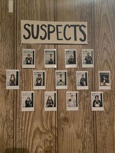 a bulletin board with pictures on it and the words suspects written in black above them